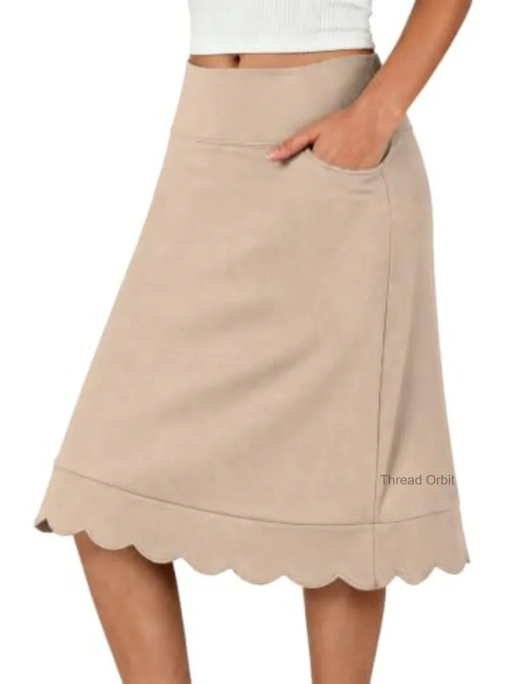 High Waist A-Line Midi Tennis Skort with Pockets Scallop Hem Athletic Skirt